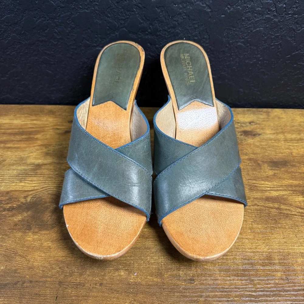 Michael Michael Kors Leather Wood Platform Crisscross Clog Sandals Blue Gray 10M